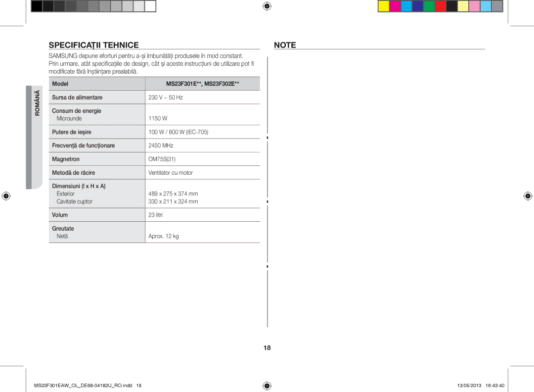 Samsung MS23F301EAW/OL, MS23F301EAK/OL manual Specificaţii tehnicenote, Model MS23F301E**, MS23F302E 