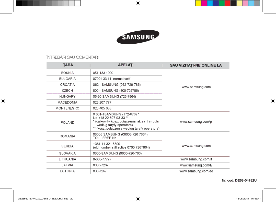 Samsung MS23F301EAW/OL, MS23F301EAK/OL manual 051 133, Nr. cod DE68-04182U 