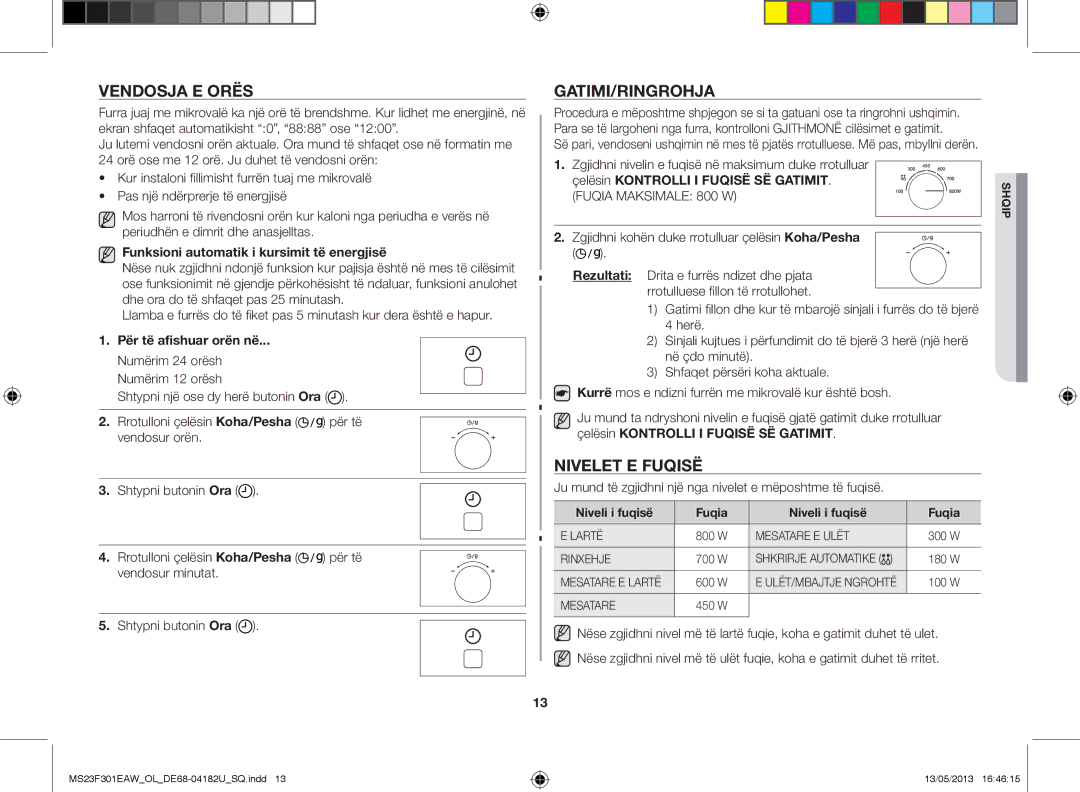 Samsung MS23F301EAK/OL Vendosja e orës, Gatimi/Ringrohja, Nivelet e fuqisë, Funksioni automatik i kursimit të energjisë 