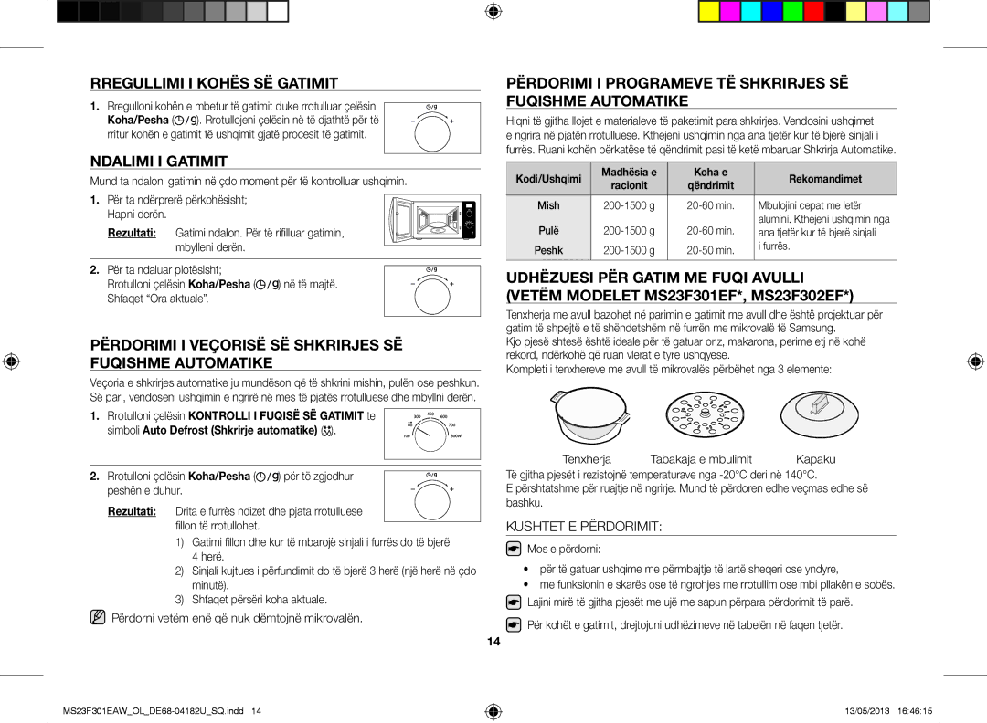 Samsung MS23F301EAW/OL, MS23F301EAK/OL manual Rregullimi i kohës së gatimit, Ndalimi i gatimit, Kushtet E Përdorimit 