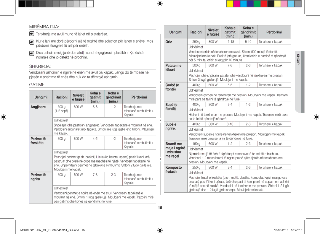 Samsung MS23F301EAK/OL, MS23F301EAW/OL manual Mirëmbajtja, Shkrirja, Gatimi 