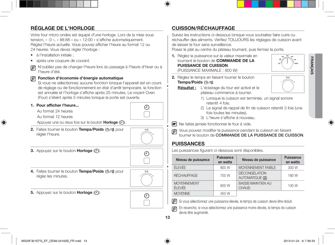 Samsung MS23F301EAW/EF manual Réglage DE Lhorloge, Cuisson/Réchauffage, Puissances, Au format 24 heures Au format 12 heures 