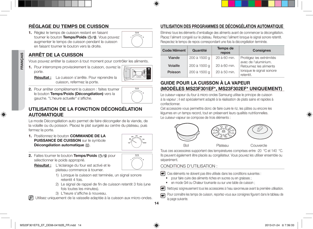 Samsung MS23F300EAW/EF manual Réglage DU Temps DE Cuisson, Arrêt DE LA Cuisson, Code/Aliment Quantité Temps de Consignes 