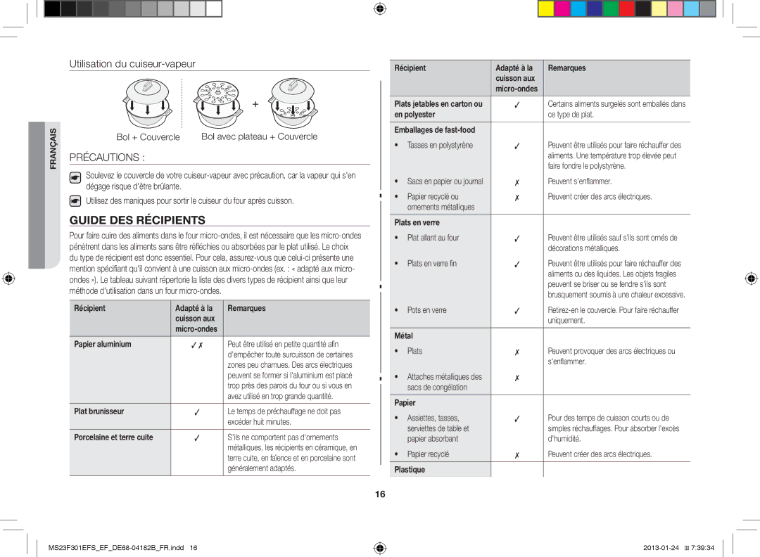 Samsung MS23F301EAW/EF, MS23F301EFS/EF, MS23F300EAW/EF manual Guide DES Récipients, Précautions 