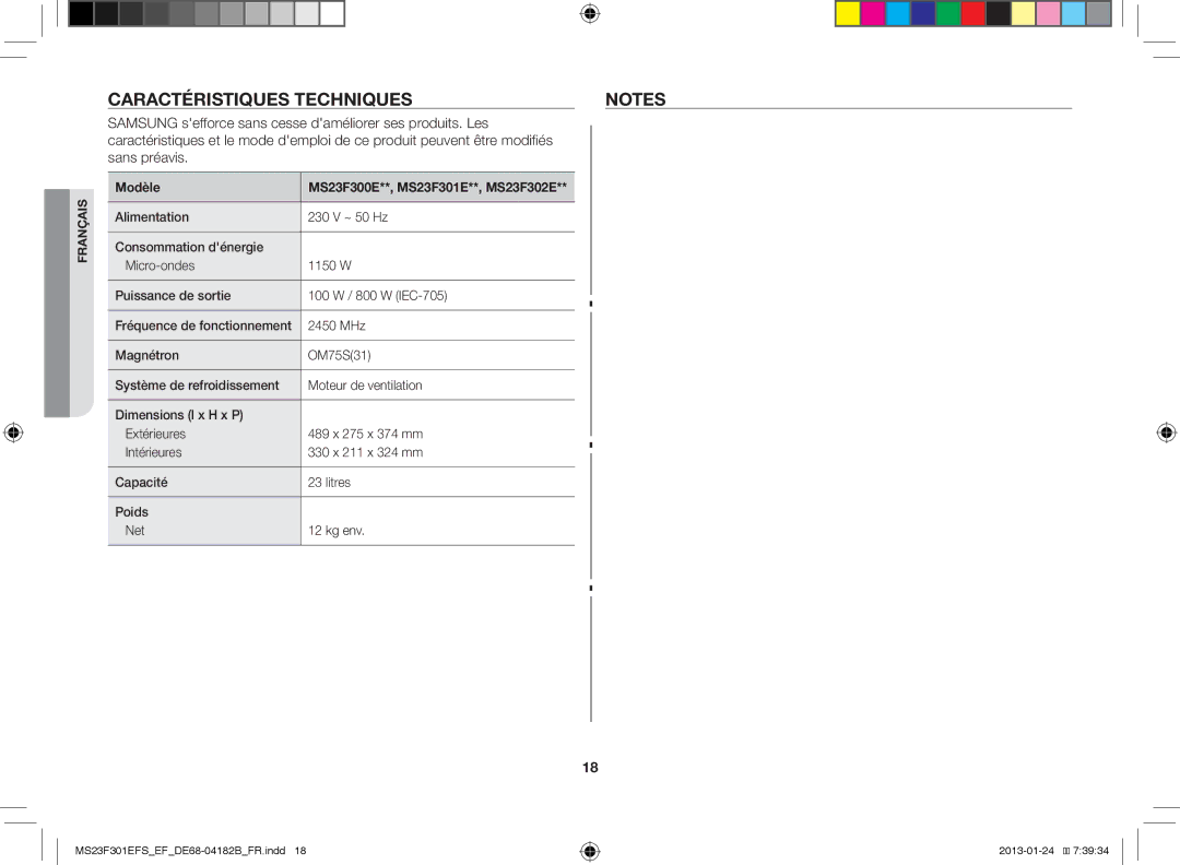 Samsung MS23F301EFS/EF, MS23F301EAW/EF manual Caractéristiques Techniques, Modèle MS23F300E**, MS23F301E**, MS23F302E 