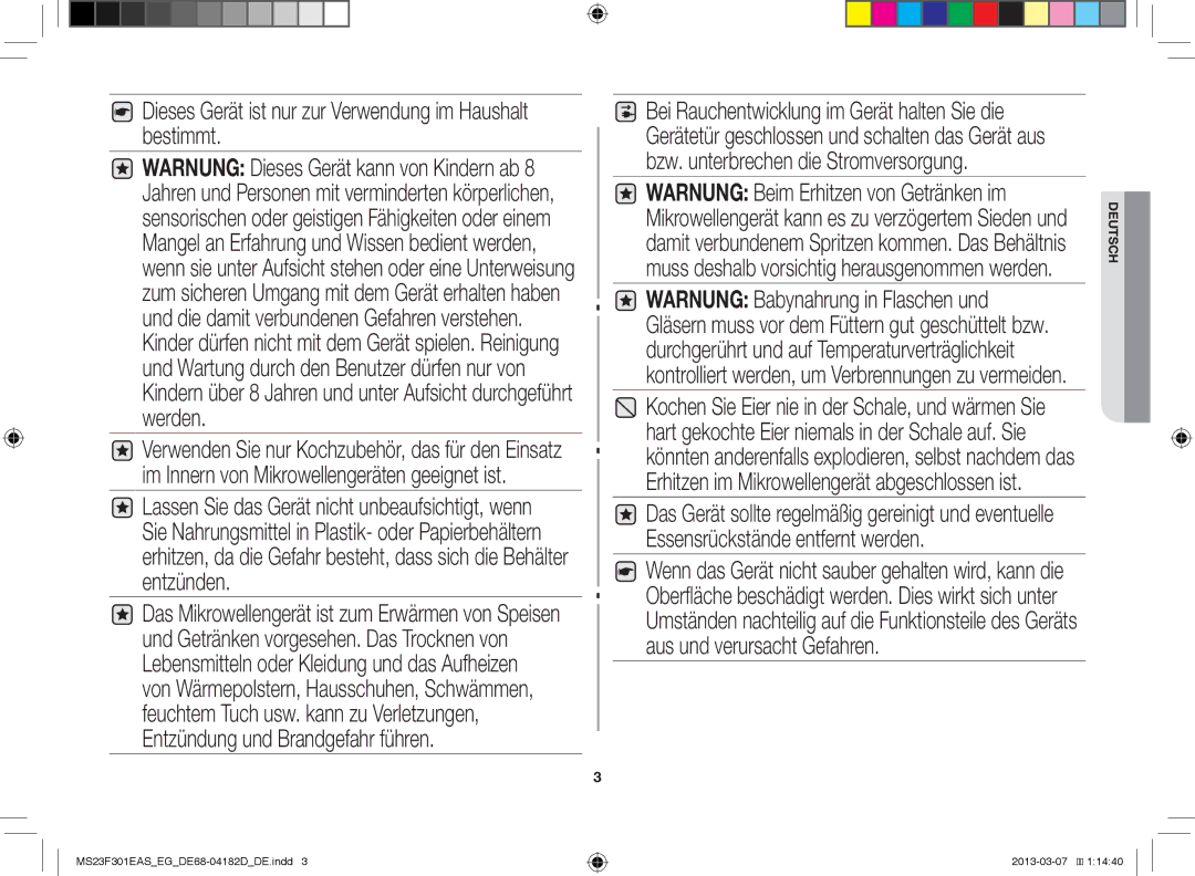 Samsung MC28H5015CB/EG, MS23F301EFS/EG, MS23F301EAW/EG manual Dieses Gerät ist nur zur Verwendung im Haushalt bestimmt 