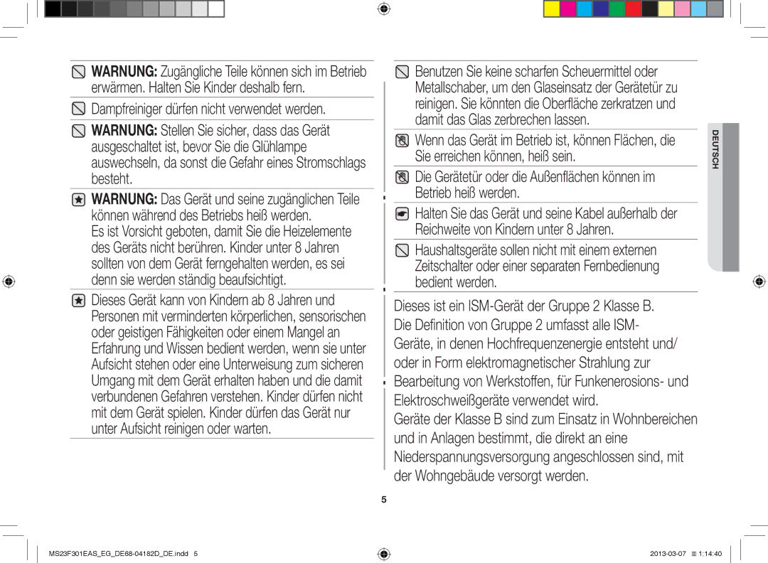 Samsung MS23F301ELW/EN, MS23F301EFS/EG, MS23F301EAW/EG, MS23F301EAS/EG manual Dampfreiniger dürfen nicht verwendet werden 