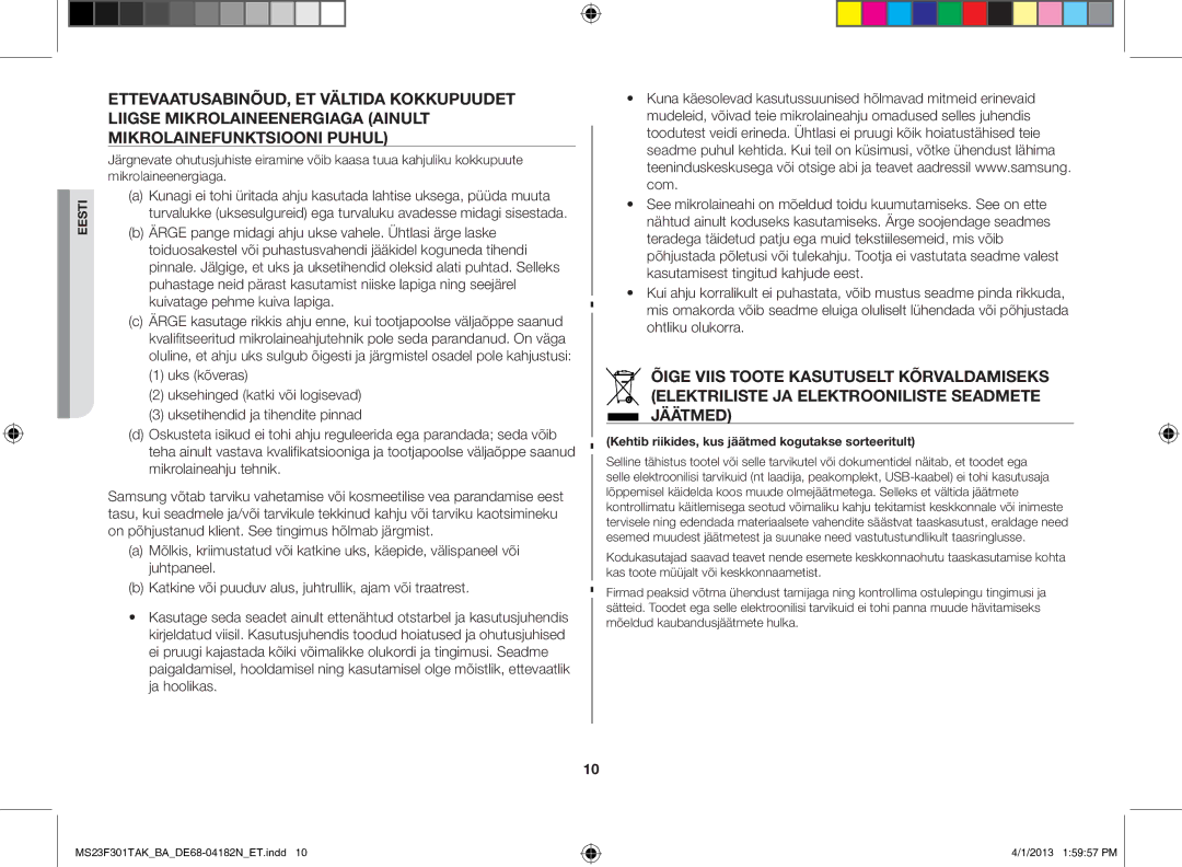 Samsung MS23F301TAK/BA manual Kehtib riikides, kus jäätmed kogutakse sorteeritult 