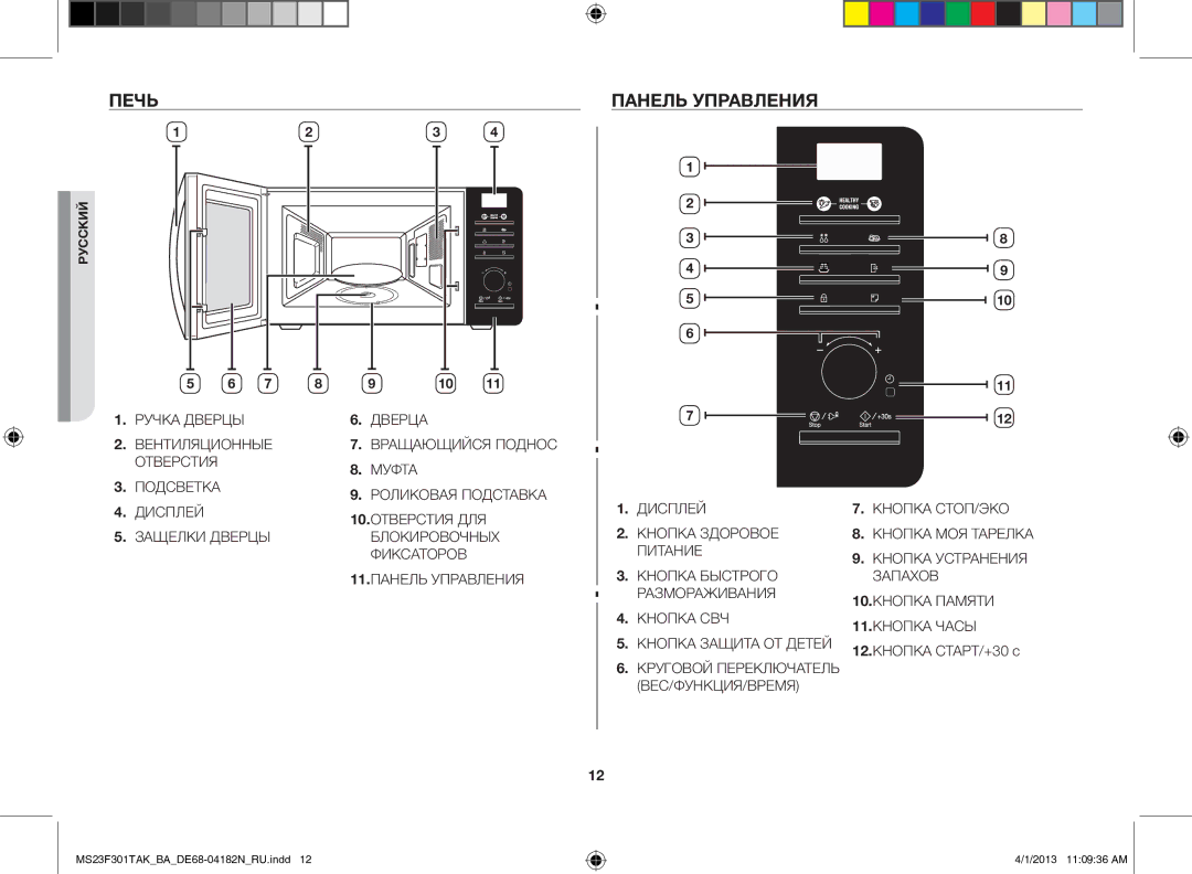 Samsung MS23F301TAK/BA manual Печь, Панель управления, 12.КНОПКА СТАРТ/+30 с 