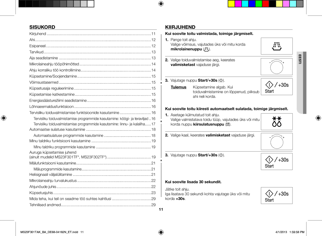 Samsung MS23F301TAK/BA Sisukord, Kiirjuhend, Auruga küpsetamise juhend, Kui soovite toitu valmistada, toimige järgmiselt 