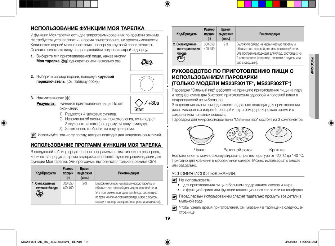 Samsung MS23F301TAK/BA Использование функции Моя тарелка, Использование программ функции Моя тарелка, Не использовать 