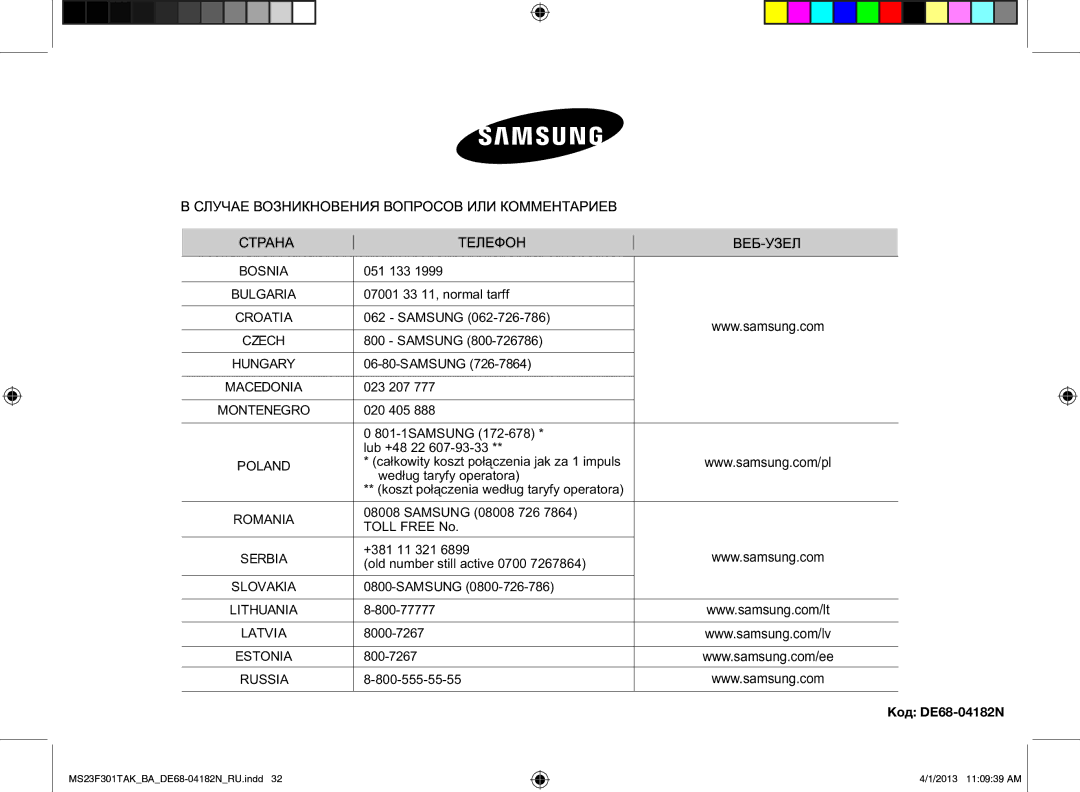 Samsung MS23F301TAK/BA manual 051 133, Код DE68-04182N 