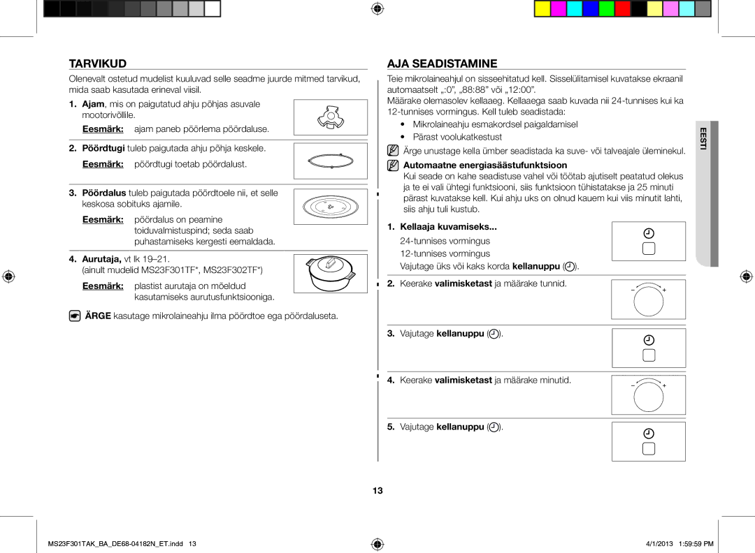 Samsung MS23F301TAK/BA manual Tarvikud, Aja seadistamine, Aurutaja, vt lk, Automaatne energiasäästufunktsioon 