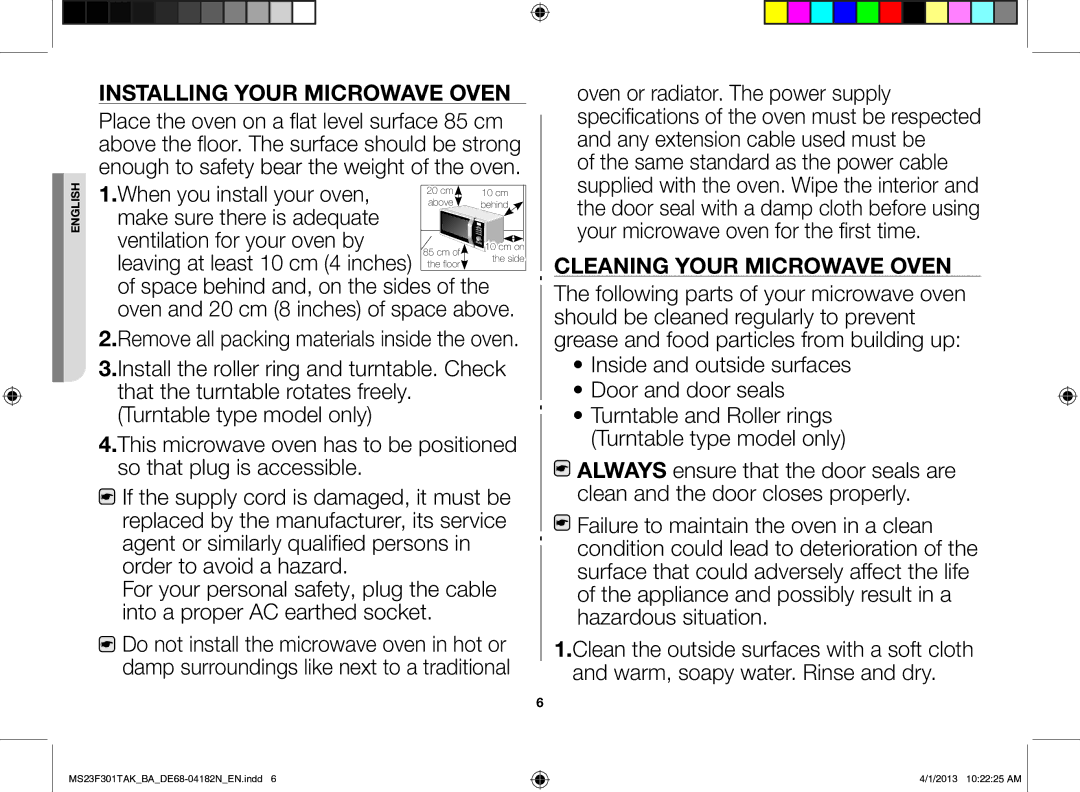 Samsung MS23F301TAK/BA manual Installing your microwave oven, Inside and outside surfaces Door and door seals 