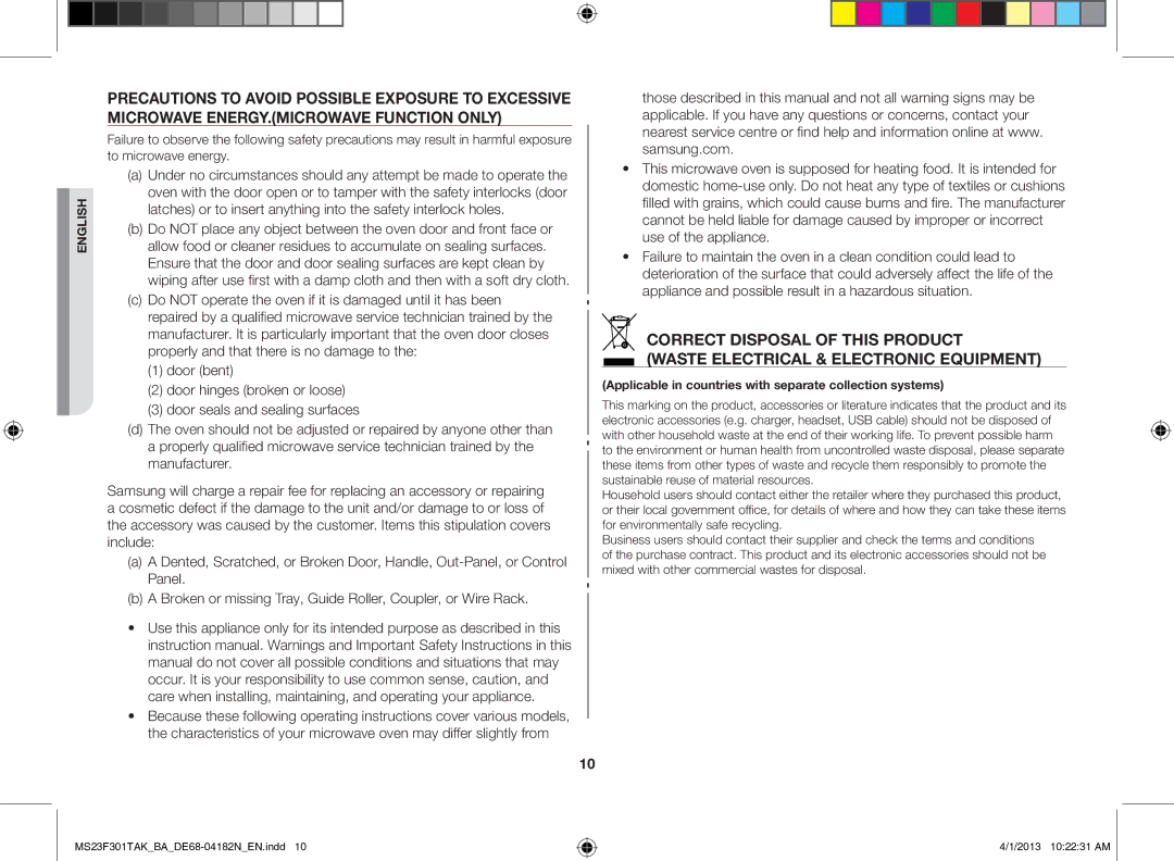 Samsung MS23F301TAK/BA manual Applicable in countries with separate collection systems 