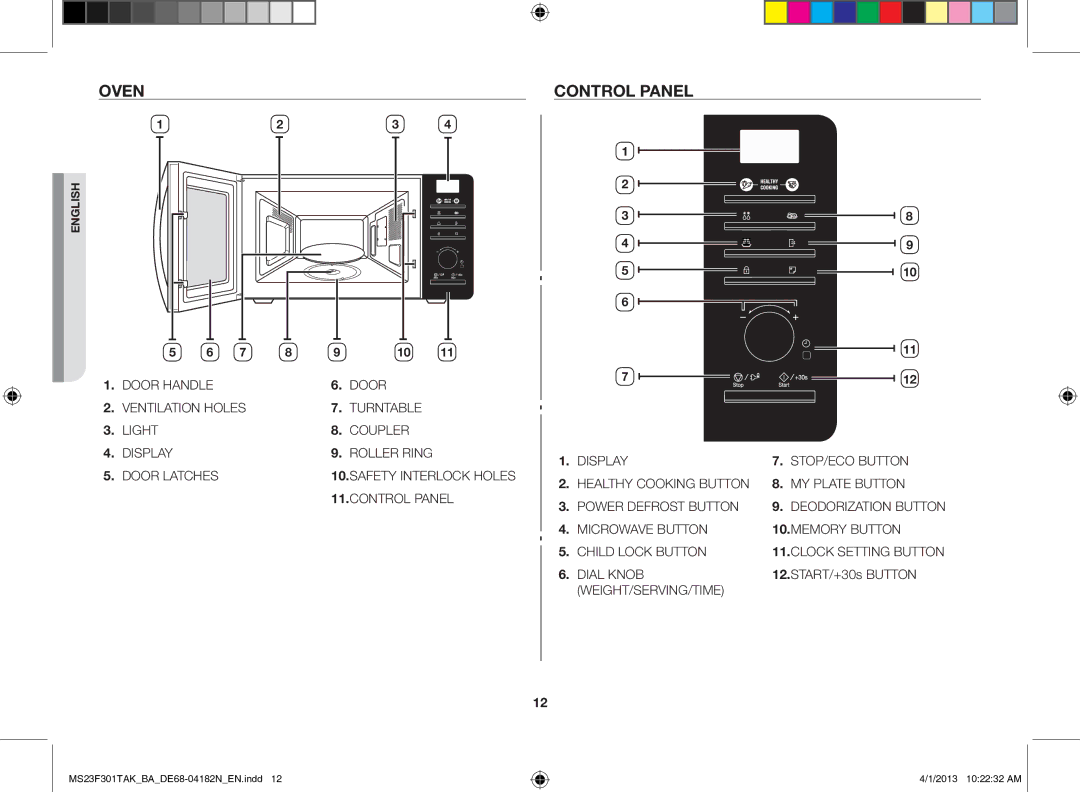 Samsung MS23F301TAK/BA manual Oven, Control panel, START/+30s Button 