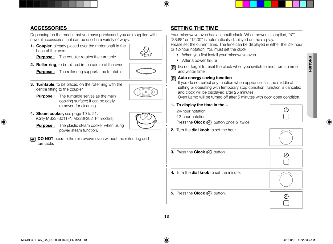 Samsung MS23F301TAK/BA manual Accessories, Setting the time, After a power failure, Auto energy saving function 