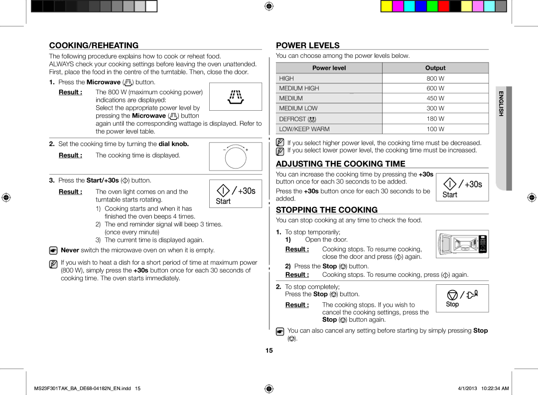 Samsung MS23F301TAK/BA manual Cooking/Reheating, Power levels, Adjusting the cooking time, Stopping the cooking, Result 