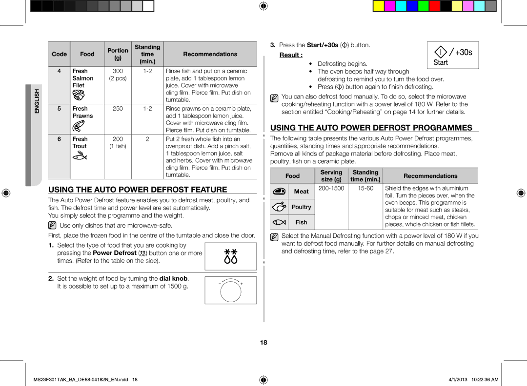 Samsung MS23F301TAK/BA manual Using the auto power defrost feature, Using the auto power defrost programmes, Meat 