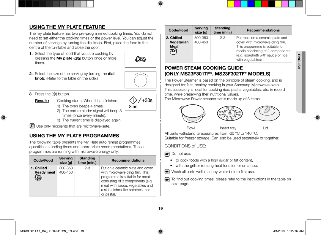 Samsung MS23F301TAK/BA manual Using the my plate feature, Using the my plate programmes 