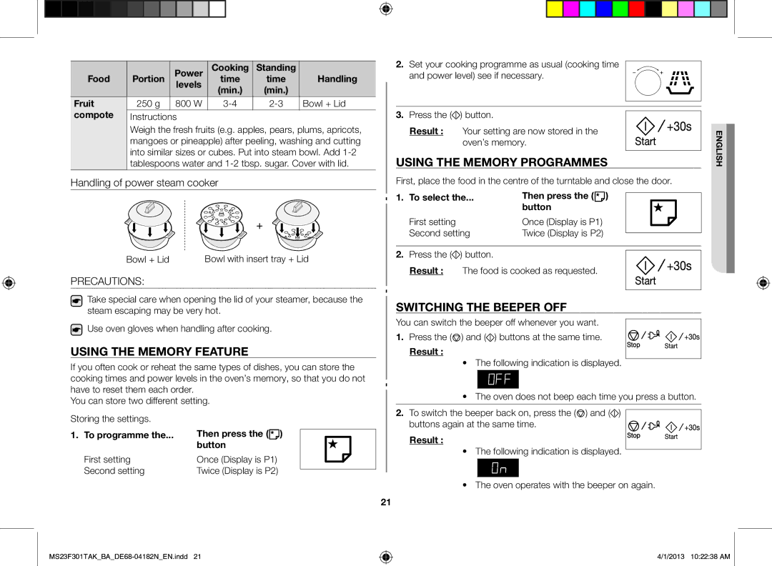 Samsung MS23F301TAK/BA manual Using the memory feature, Using the memory programmes, Switching the beeper off, Precautions 