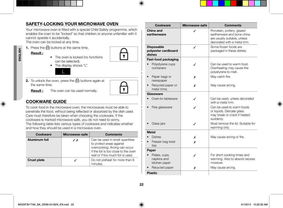 Samsung MS23F301TAK/BA manual Safety-locking your microwave oven, Cookware guide 