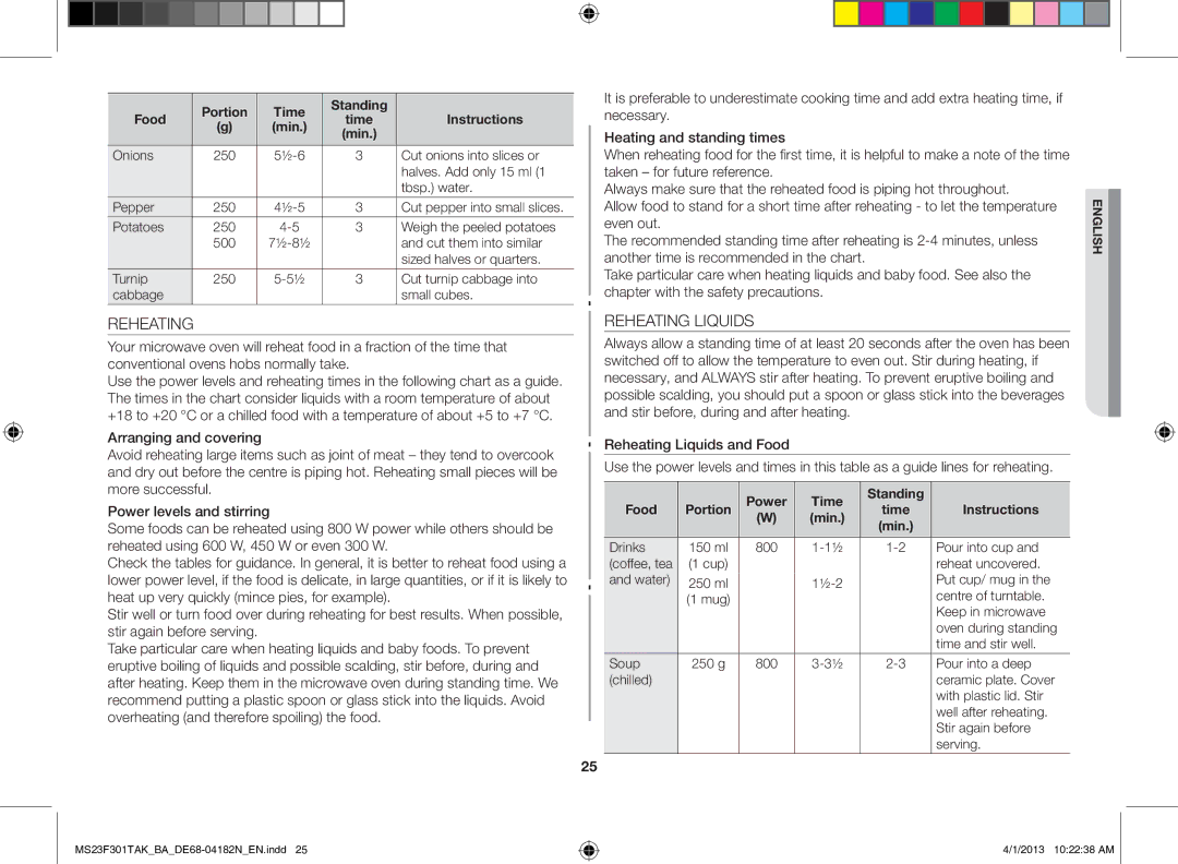 Samsung MS23F301TAK/BA manual Reheating Liquids, Even out, Power Time Standing Food Portion Instructions Min 