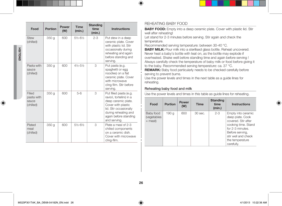 Samsung MS23F301TAK/BA manual Reheating Baby Food, Power Time Standing Food, Power Standing Food Portion Time Instructions 