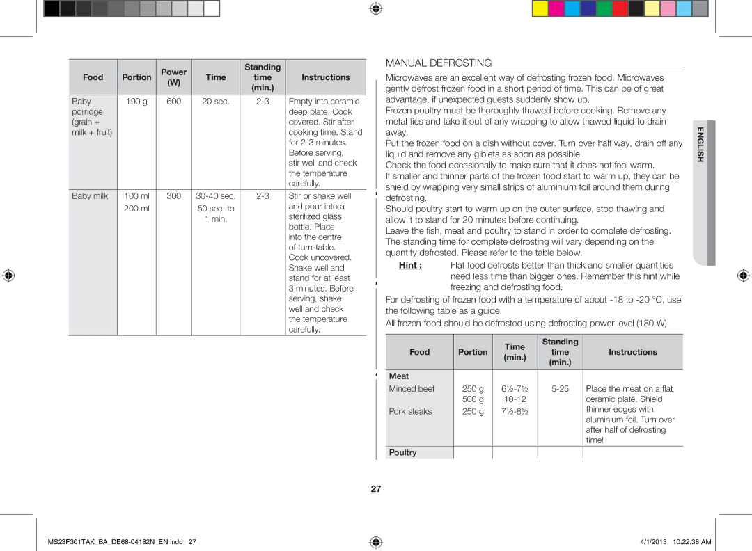 Samsung MS23F301TAK/BA manual Manual Defrosting, Power Standing Food, Time Instructions, Time Standing Food 