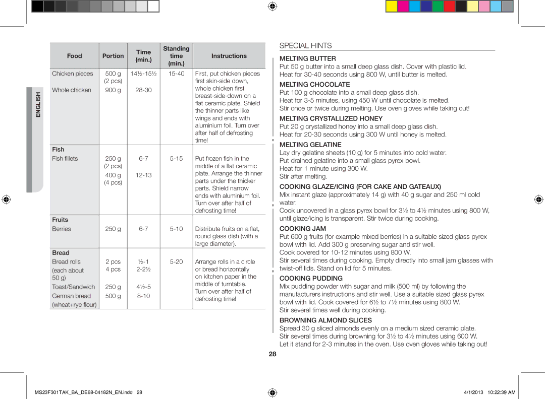 Samsung MS23F301TAK/BA Special Hints, Stir several times well during cooking, Time Standing Food Portion Instructions Min 