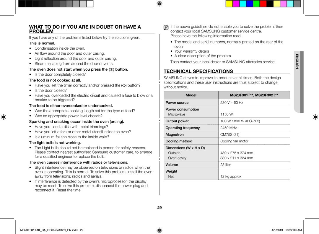 Samsung MS23F301TAK/BA manual What to do if you are in doubt or have a problem, Technical specifications 