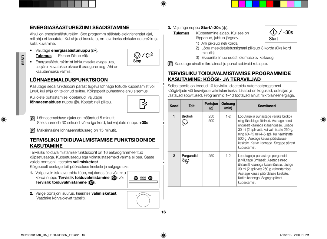 Samsung MS23F301TAK/BA manual Energiasäästurežiimi seadistamine, Lõhnaeemaldusfunktsioon, Vajutage energiasäästunuppu, Või 