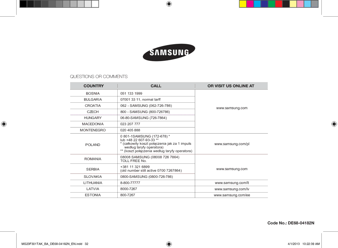 Samsung MS23F301TAK/BA manual Code No. DE68-04182N, Poland 