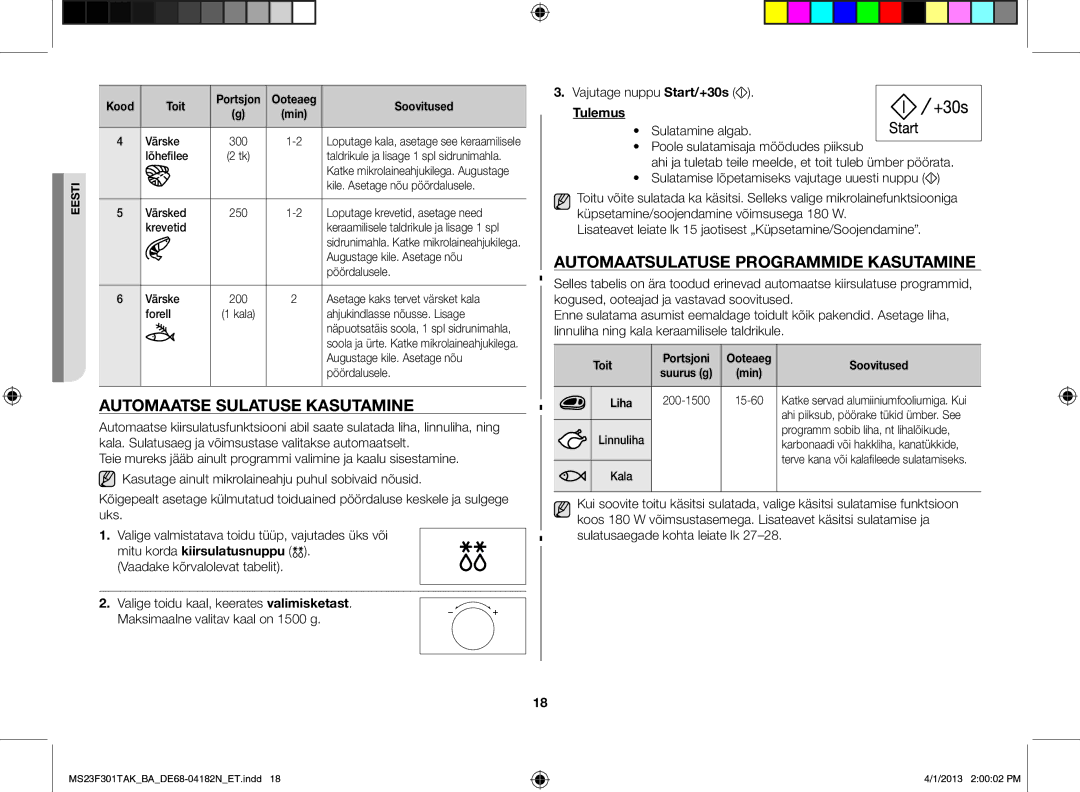 Samsung MS23F301TAK/BA manual Automaatse sulatuse kasutamine, Automaatsulatuse programmide kasutamine 