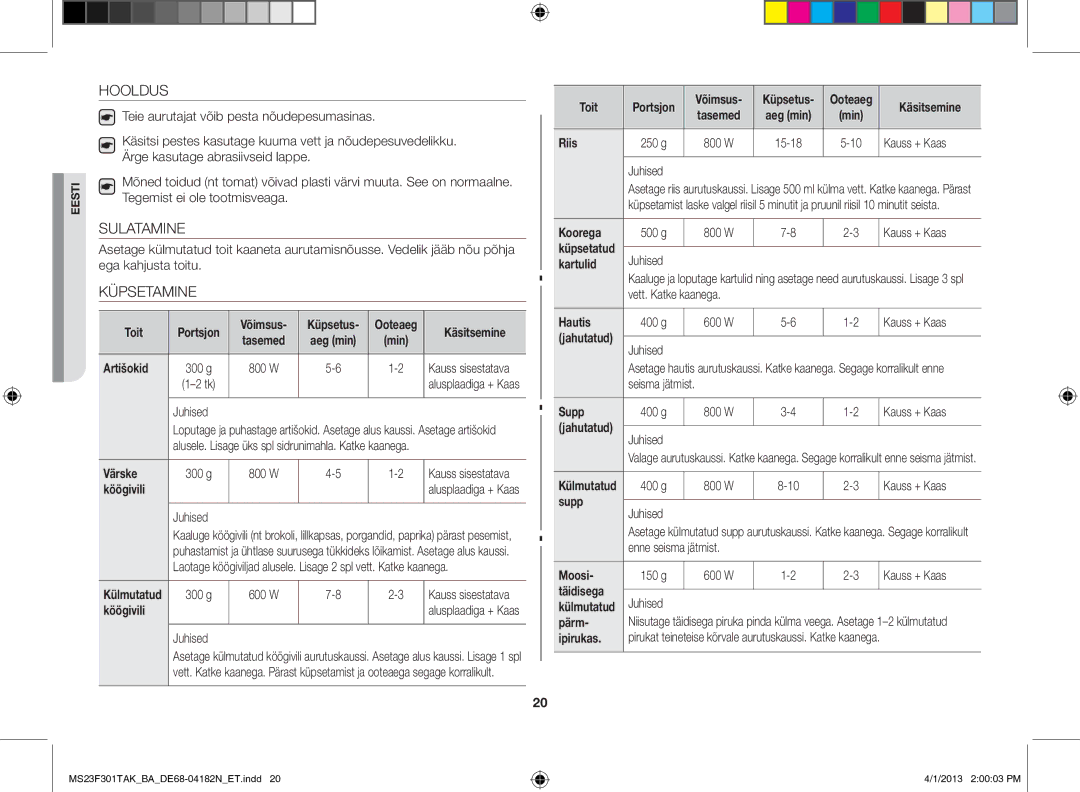 Samsung MS23F301TAK/BA manual Hooldus, Sulatamine, Küpsetamine 