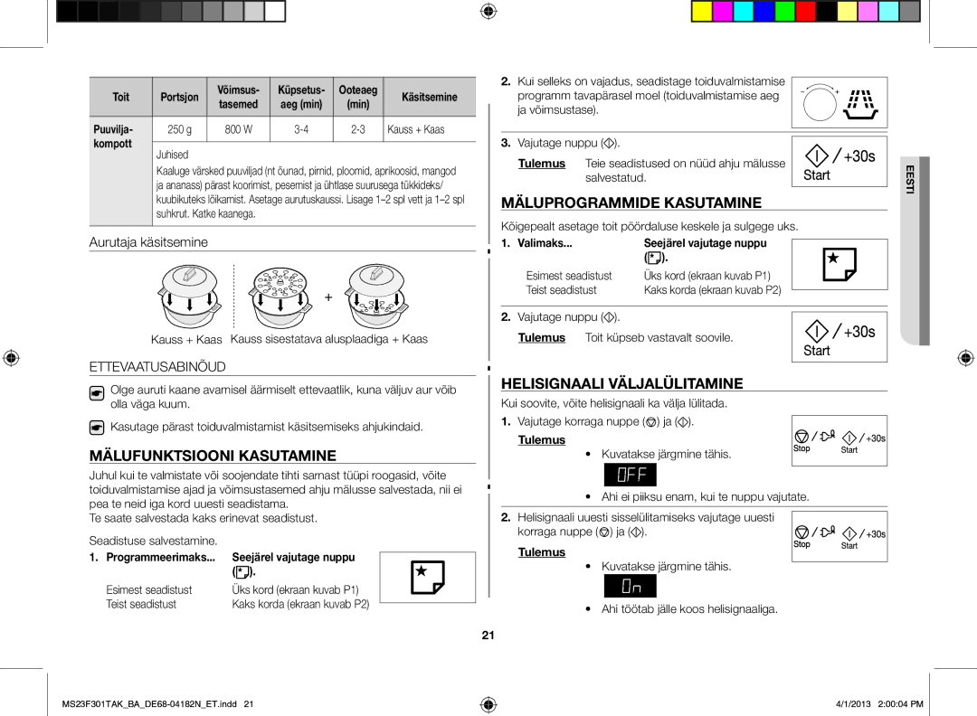 Samsung MS23F301TAK/BA manual Mälufunktsiooni kasutamine, Mäluprogrammide kasutamine, Helisignaali väljalülitamine 