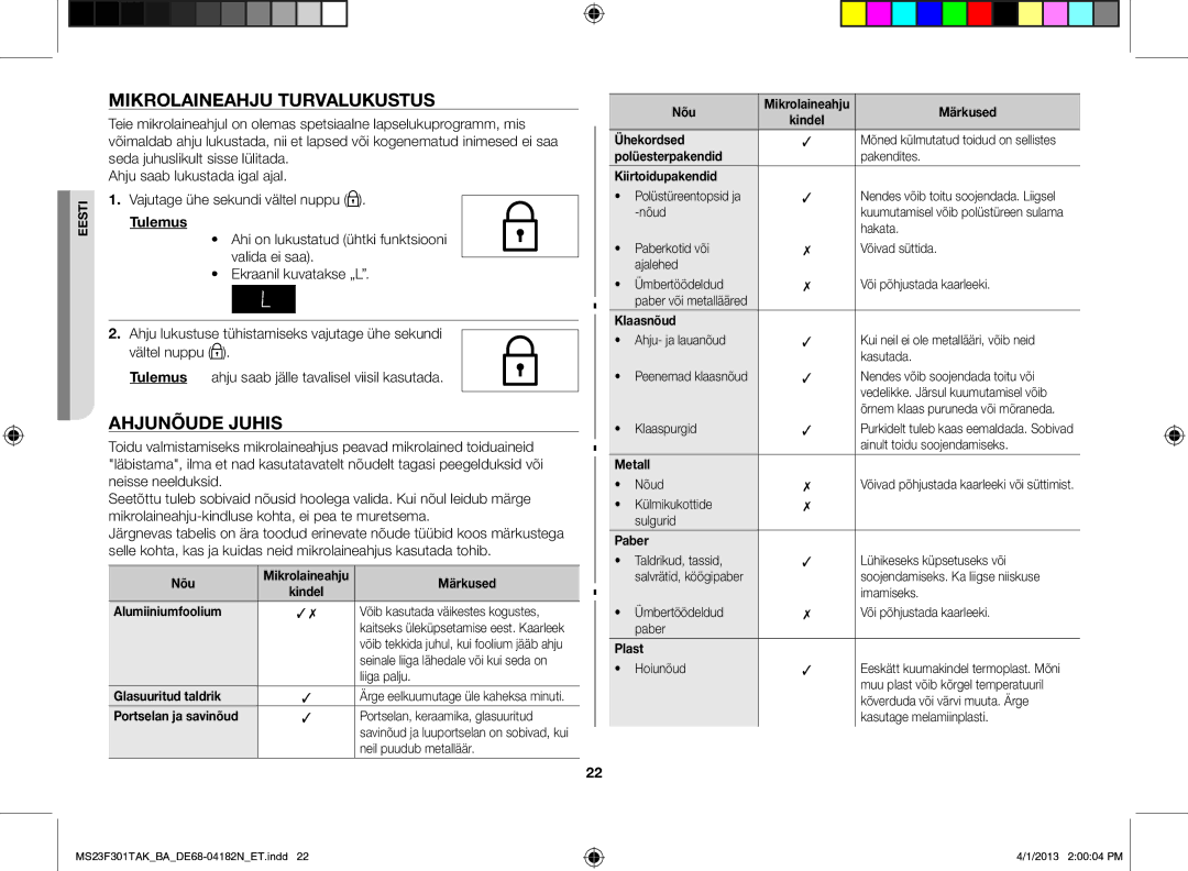 Samsung MS23F301TAK/BA manual Mikrolaineahju turvalukustus, Ahjunõude juhis 