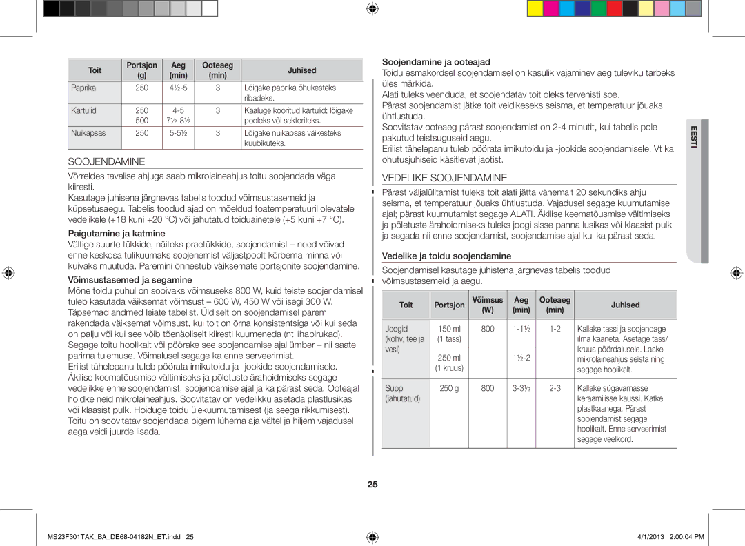 Samsung MS23F301TAK/BA manual Vedelike Soojendamine, Paigutamine ja katmine, Võimsustasemed ja segamine 