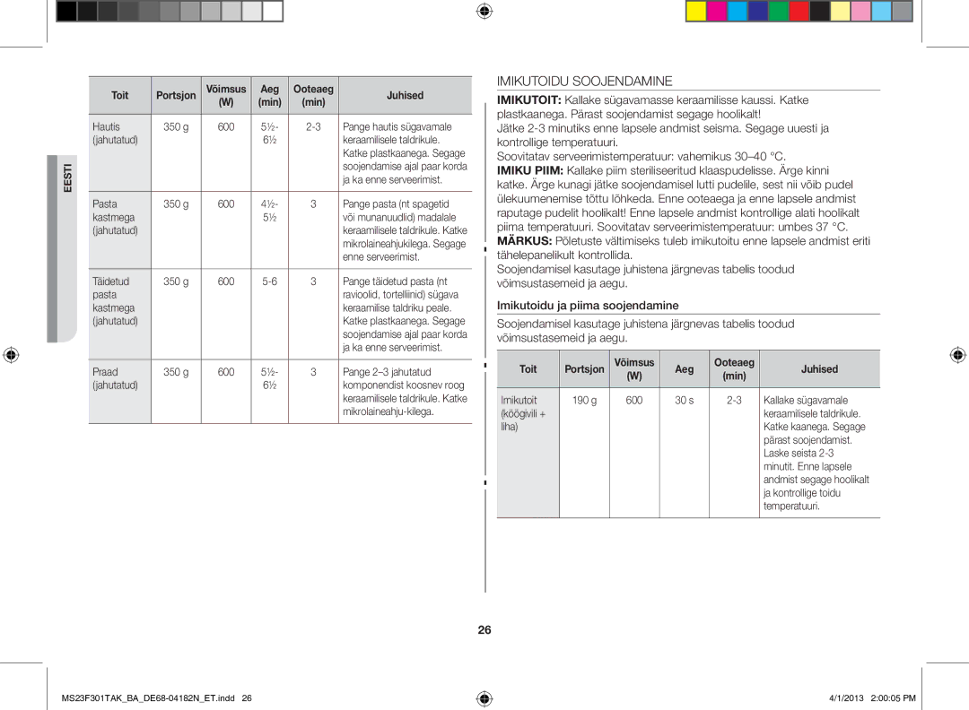 Samsung MS23F301TAK/BA manual Imikutoidu Soojendamine 