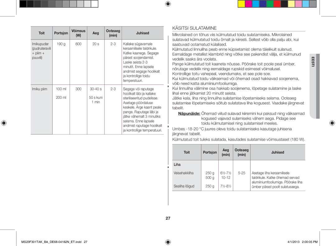 Samsung MS23F301TAK/BA manual Käsitsi Sulatamine 