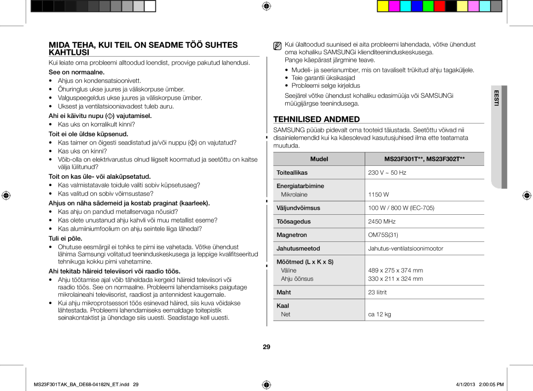 Samsung MS23F301TAK/BA Mida teha, kui teil on seadme töö suhtes kahtlusi, Tehnilised andmed, Mudel MS23F301T**, MS23F302T 