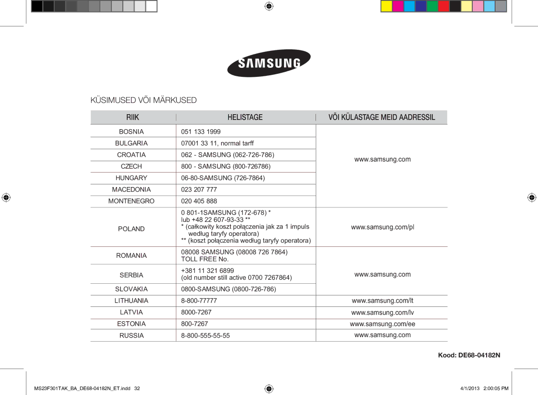 Samsung MS23F301TAK/BA manual Kood DE68-04182N 