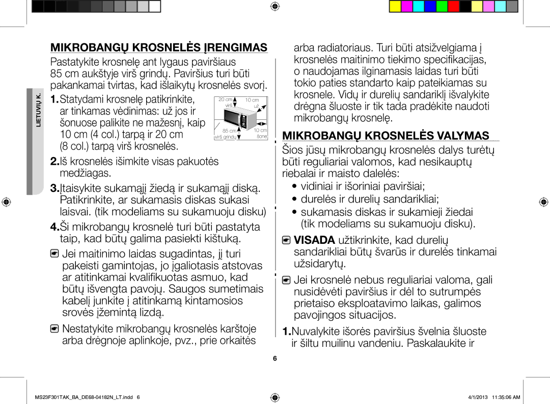 Samsung MS23F301TAK/BA manual Pastatykite krosnelę ant lygaus paviršiaus, Col. tarpą virš krosnelės 