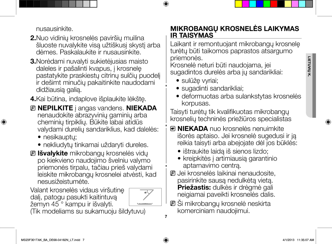 Samsung MS23F301TAK/BA manual Nusausinkite, Mikrobangų krosnelės laikymas ir taisymas 