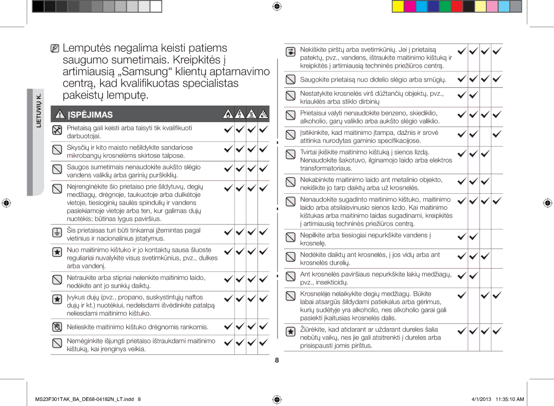 Samsung MS23F301TAK/BA manual Įspėjimas 