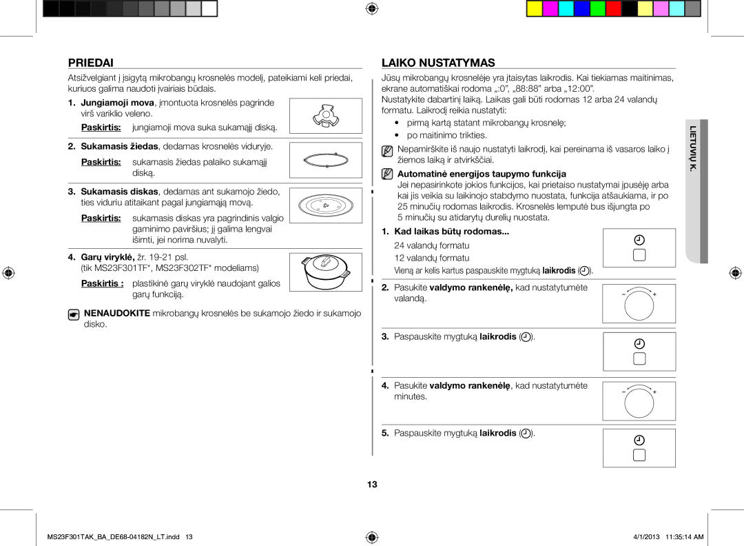 Samsung MS23F301TAK/BA manual Priedai, Laiko nustatymas 