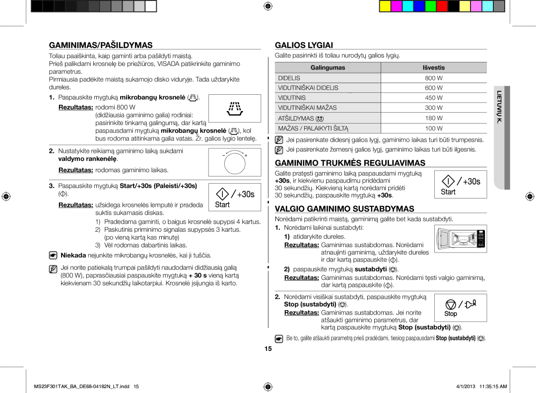 Samsung MS23F301TAK/BA Gaminimas/Pašildymas, Galios lygiai, Gaminimo trukmės reguliavimas, Valgio gaminimo sustabdymas 