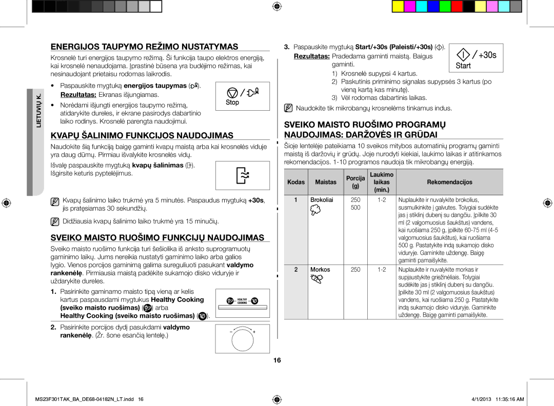 Samsung MS23F301TAK/BA manual Energijos taupymo režimo nustatymas, Kvapų šalinimo funkcijos naudojimas, Kodas Maistas 