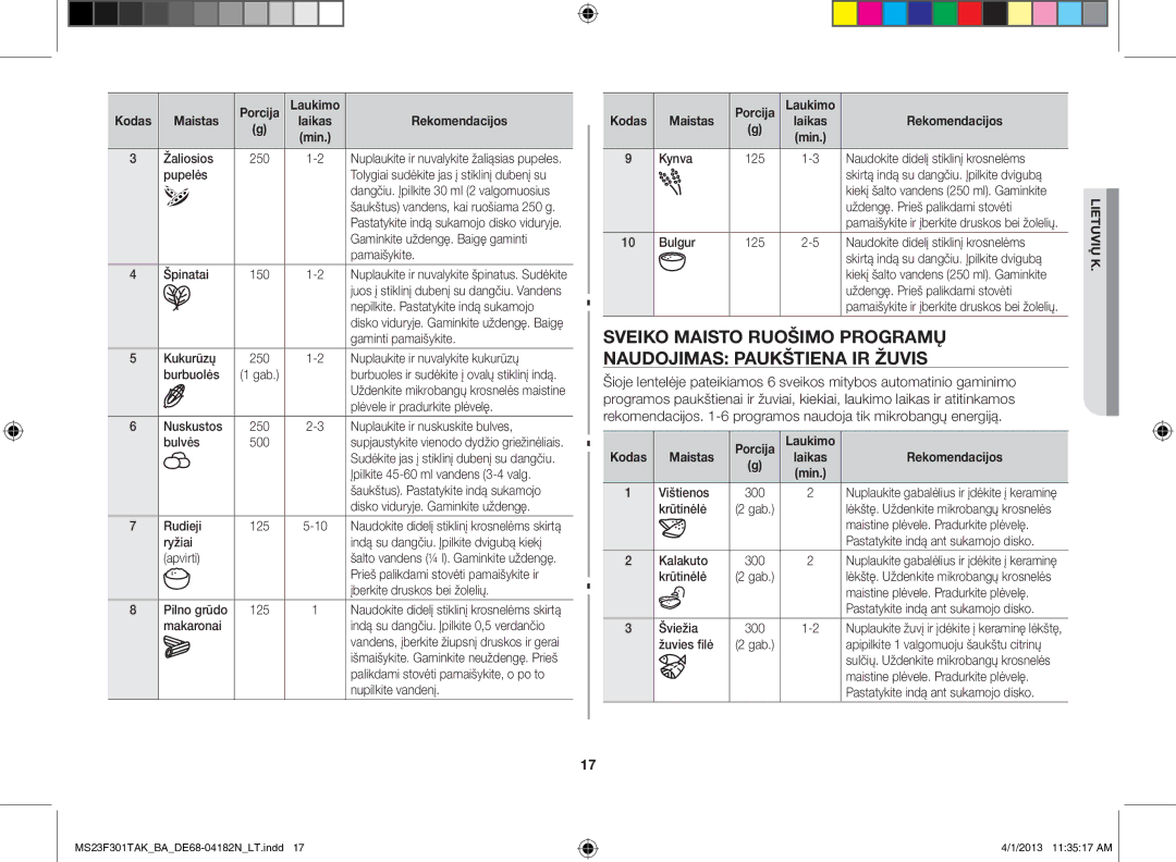 Samsung MS23F301TAK/BA Žaliosios, Pupelės, Gaminkite uždengę. Baigę gaminti, Pamaišykite, Špinatai, Kukurūzų, Burbuolės 