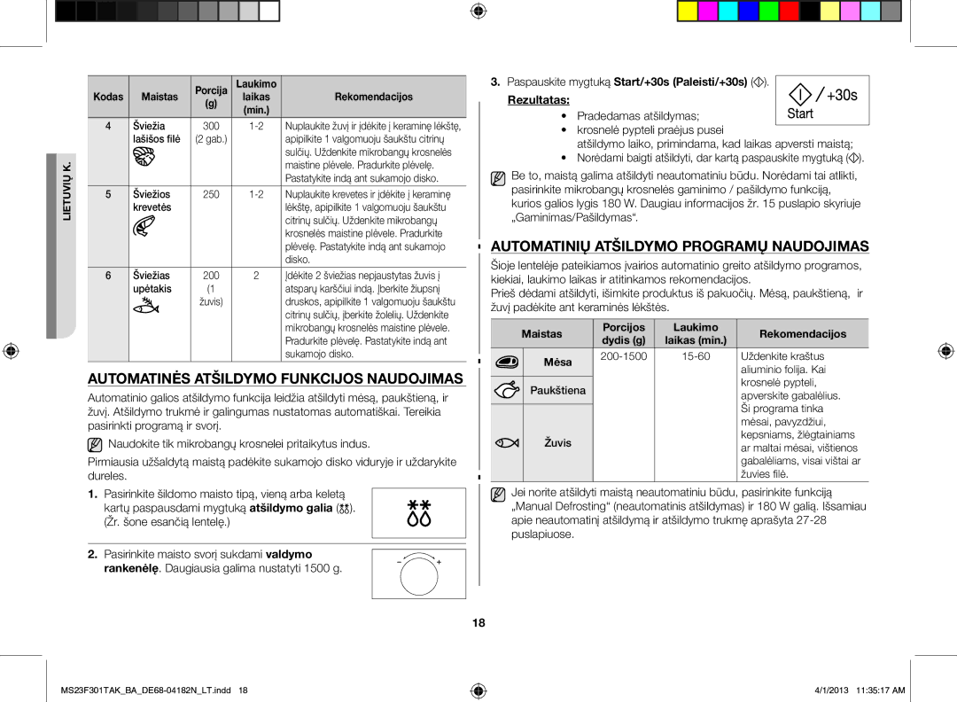 Samsung MS23F301TAK/BA manual Automatinės atšildymo funkcijos naudojimas, Automatinių atšildymo programų naudojimas 